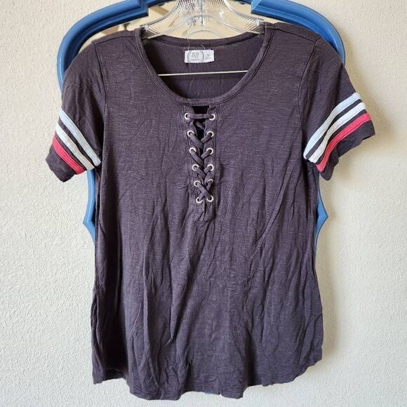 Maurices 24/7 women's small varsity pullover grey short sleeve shirt cross cross - Picture 1 of 6